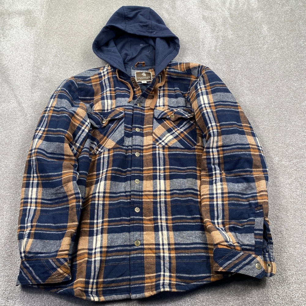 Legendary Outfitters Hooded Flannel Jacket Mens XL Blue Tan Plaid Quilted Lined